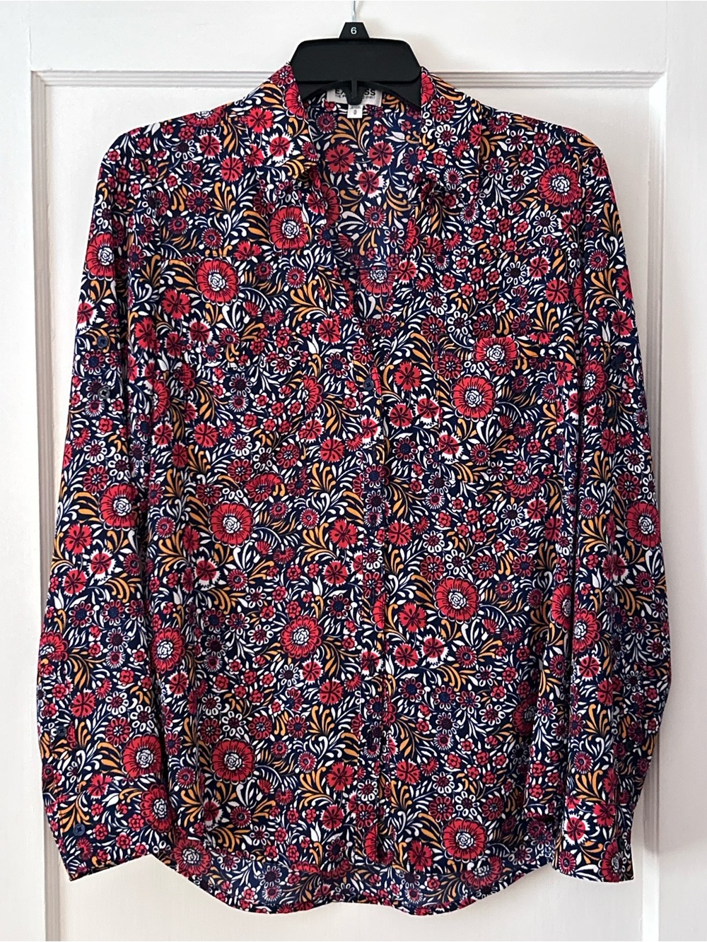 Express Portofino Floral Long-Sleeve Shirt in Navy and Red - Classic Button-Up